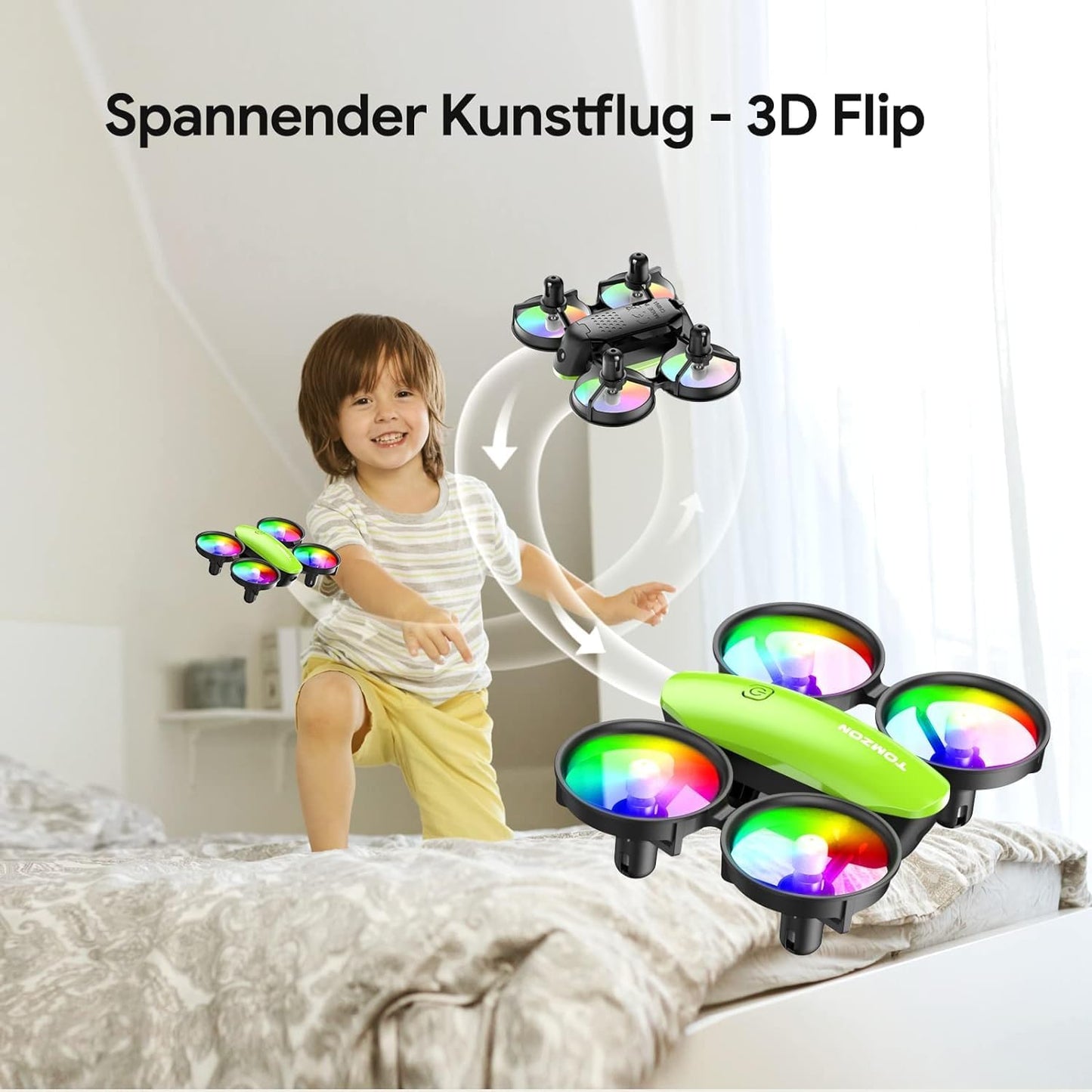 Lenovo Mini-Drohne für Kinder Anfänger Tomzon RC-Quadcopter mit LED-Leuchten ferngesteuerter Flugzeughubschrauber Lange Flugzeit 360°-Propellerschutz 3D-Werfen/Flip/Drehen/Kreis Indoor-Drohne Grün