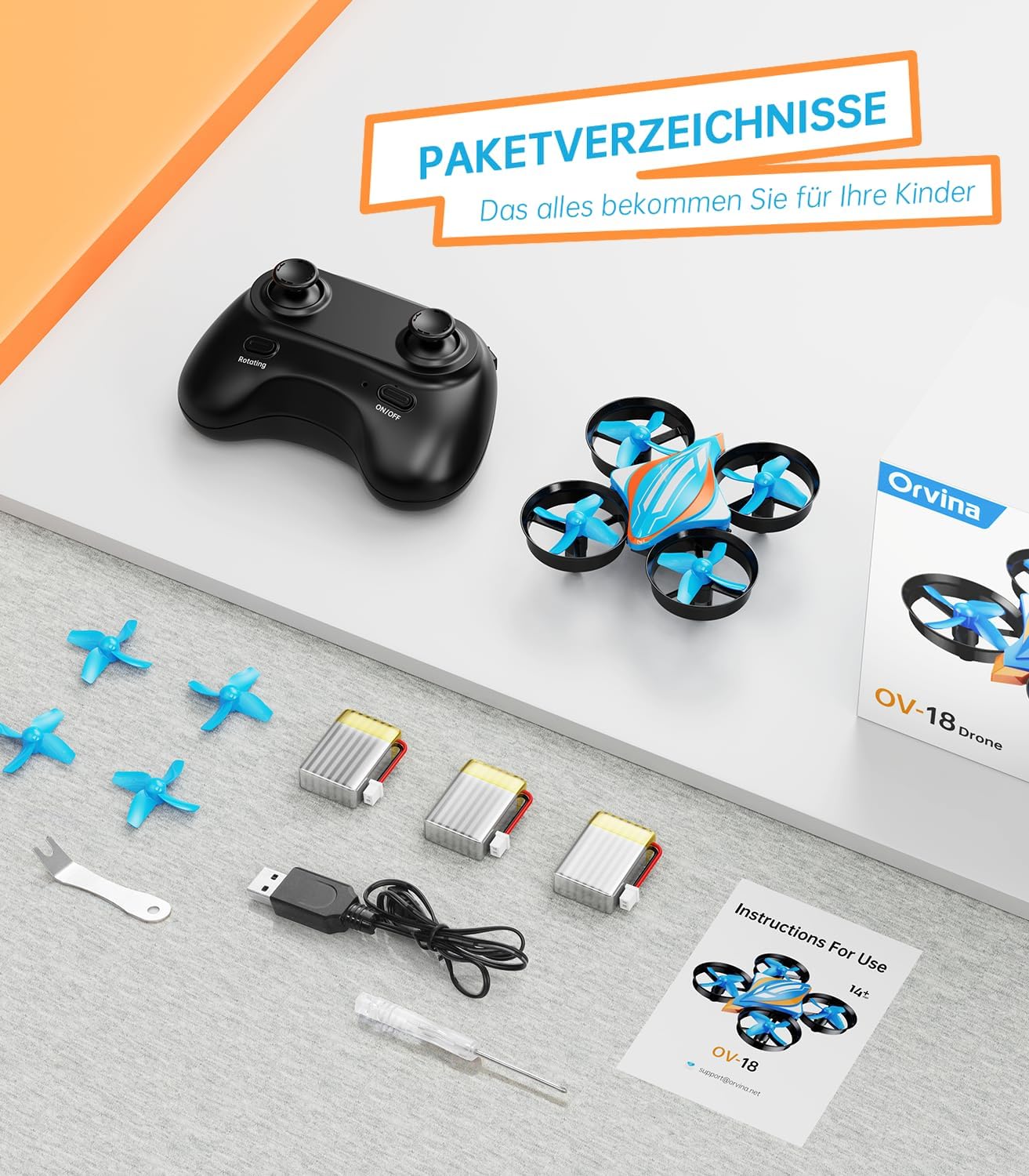 Mini Drone RC Quadcopter per Bambini Adulti Orvina OV-18 Piccolo Drone telecomandato con 3 batterie Giocattolo per Principianti per Interni Regalo per Ragazzi e Ragazze (Blu)