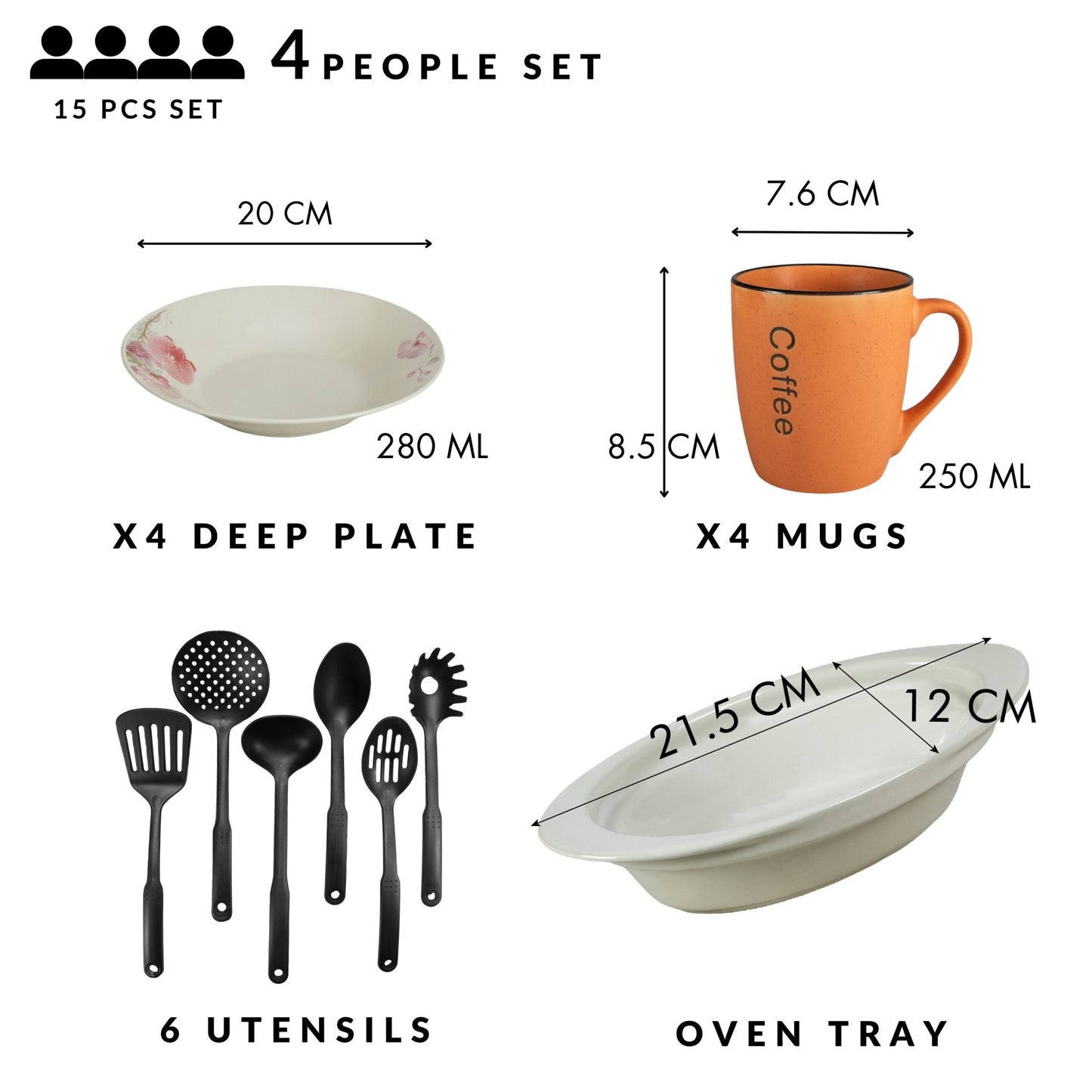 Set tavola, 4 persone, 15 pezzi, tazza arancione, piatto fondo, vassoio resistente al calore, utensili da cucina, Porcellana decorata con Orchidee