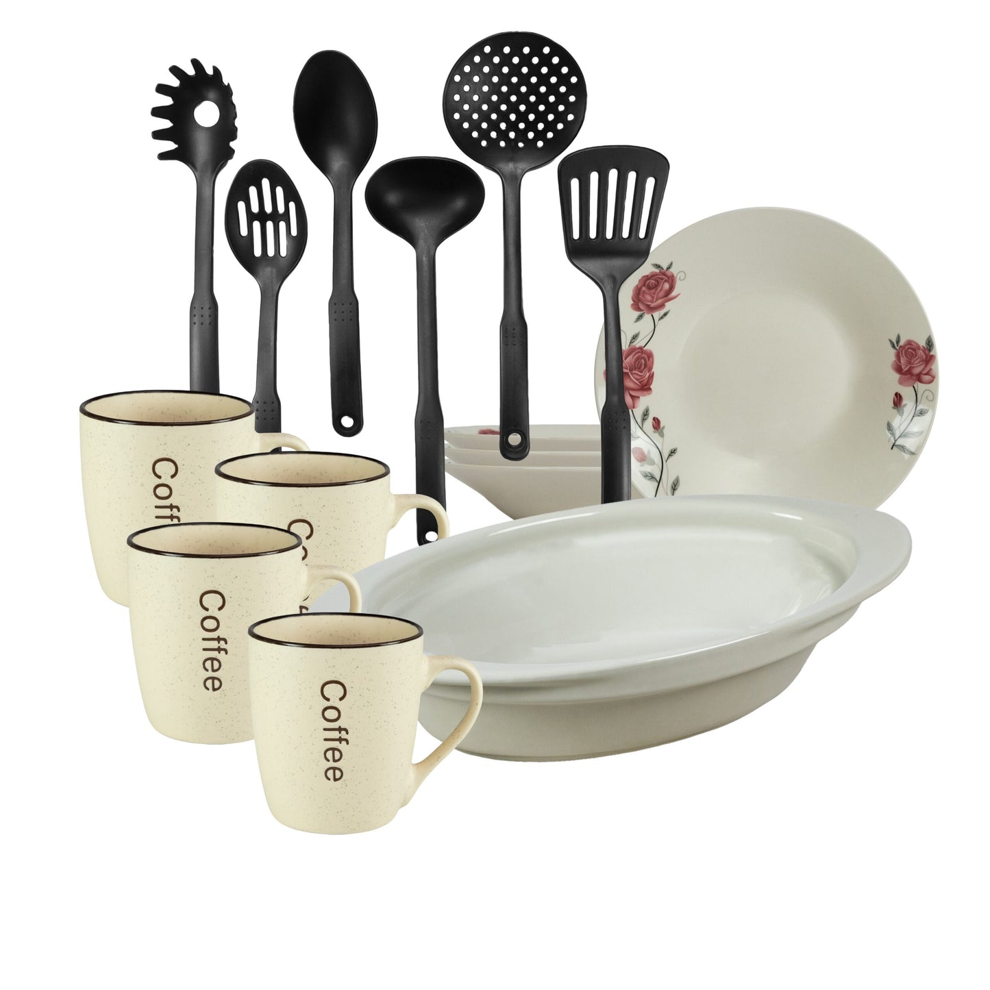 Servicio de mesa, 4 personas, 15 piezas, taza crema, plato hondo, bandeja resistente al calor, utensilios de cocina, Porcelana decorada con rosas rosas