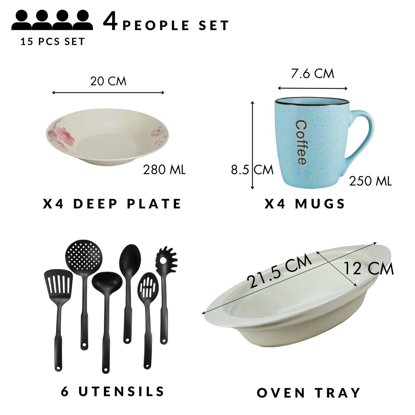 Table service, 4 people, 15 pieces, blue mug, deep plate, heat-resistant tray, kitchen utensils, Porcelain decorated with orchids