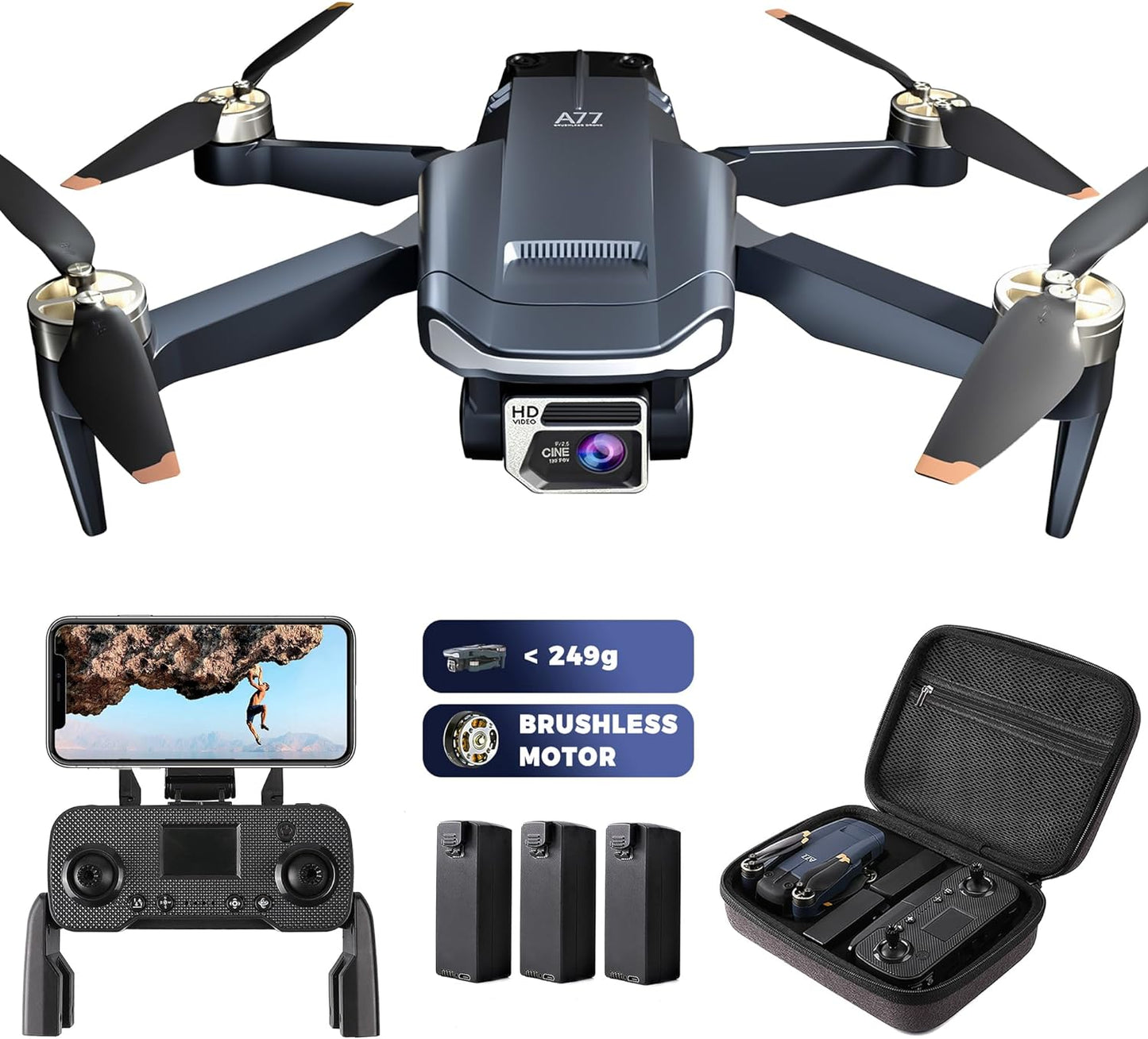 Dronă Lenovo durabilă cu motor fără perii cu timp de zbor super lung de 84 de minute, dronă cu cameră HD 2K pentru începători, Quadcopter CHUBORY A77 WiFi FPV, Follow Me, Hover automat, 3 baterii, geantă de transport