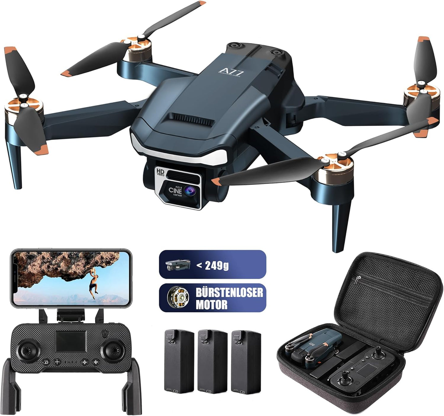 Dronă Lenovo durabilă cu motor fără perii cu timp de zbor super lung de 84 de minute, dronă cu cameră HD 2K pentru începători, Quadcopter CHUBORY A77 WiFi FPV, Follow Me, Hover automat, 3 baterii, geantă de transport