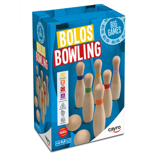 Wooden bowling game with 6 pins, 2 balls, and a carrying bag, Cayro