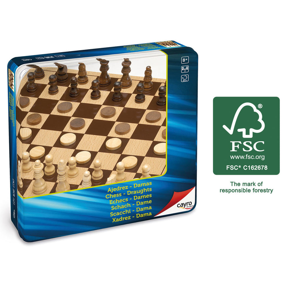 Chess and checkers game in metal box, Cayro