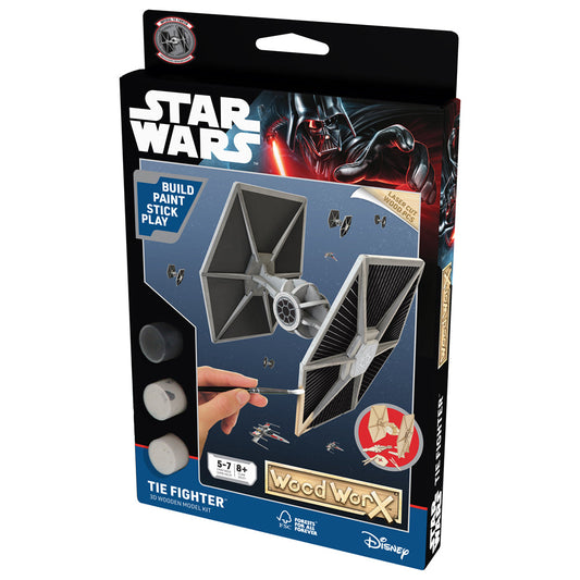 Maqueta de montaje, Wood WorX - Star Wars - Tie Fighter, con 30+ piezas de madera + pintura, pincel y pegamento incluidos