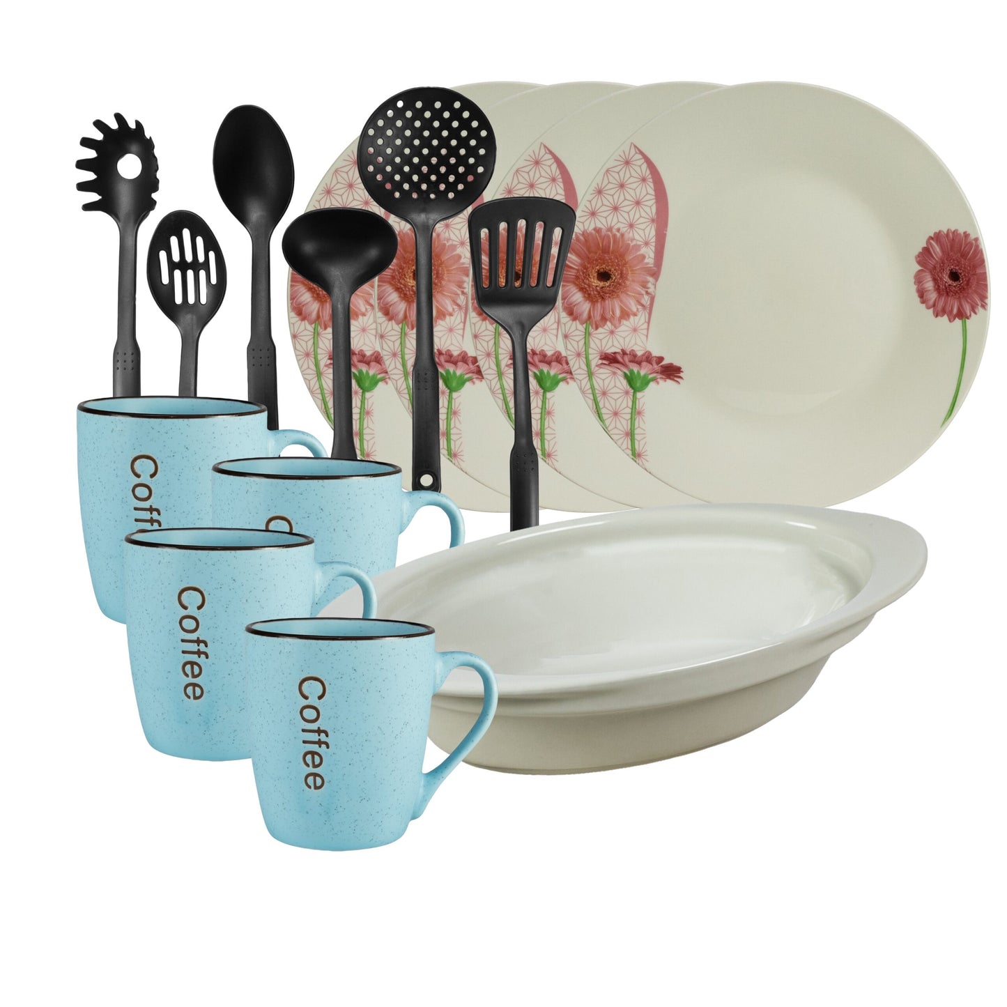 Table service, 4 people, 15 pieces, blue mug, extended plate, heat-resistant tray, kitchen utensils, Porcelain decorated with daisy