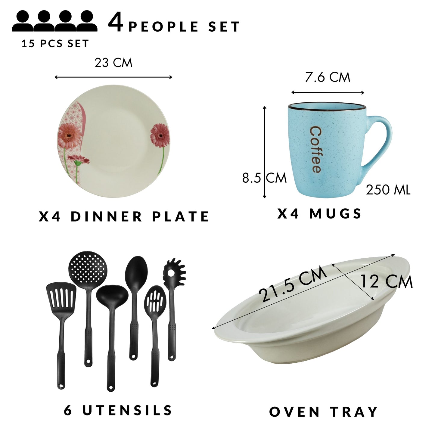 Table service, 4 people, 15 pieces, blue mug, extended plate, heat-resistant tray, kitchen utensils, Porcelain decorated with daisy