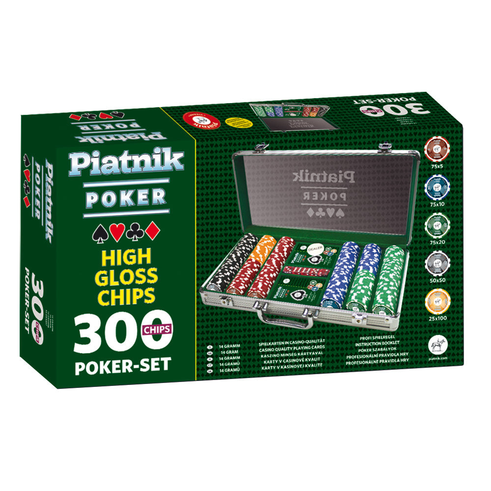 Set de poker profesional, 300 fichas de casino de 14 g, 2 barajas de cartas, 5 dados - Piatnik