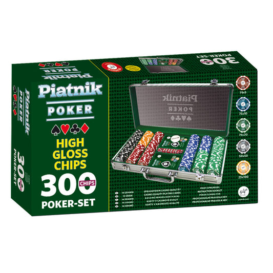 Set Poker profesional, 300 jetoane de cazinou de 14 grame, 2 pachete carti de joc, 5 zaruri - Piatnik