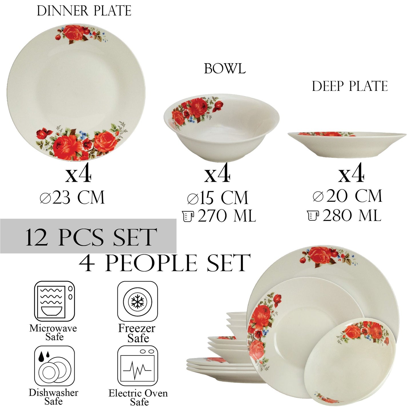 Plate set 12 pieces, for 4 people, Cesiro, Ivoire with red rose