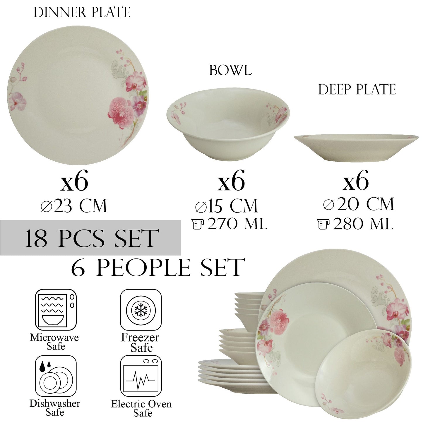 Plate set 18 pieces, for 6 people, Cesiro, Ivoire with orchids