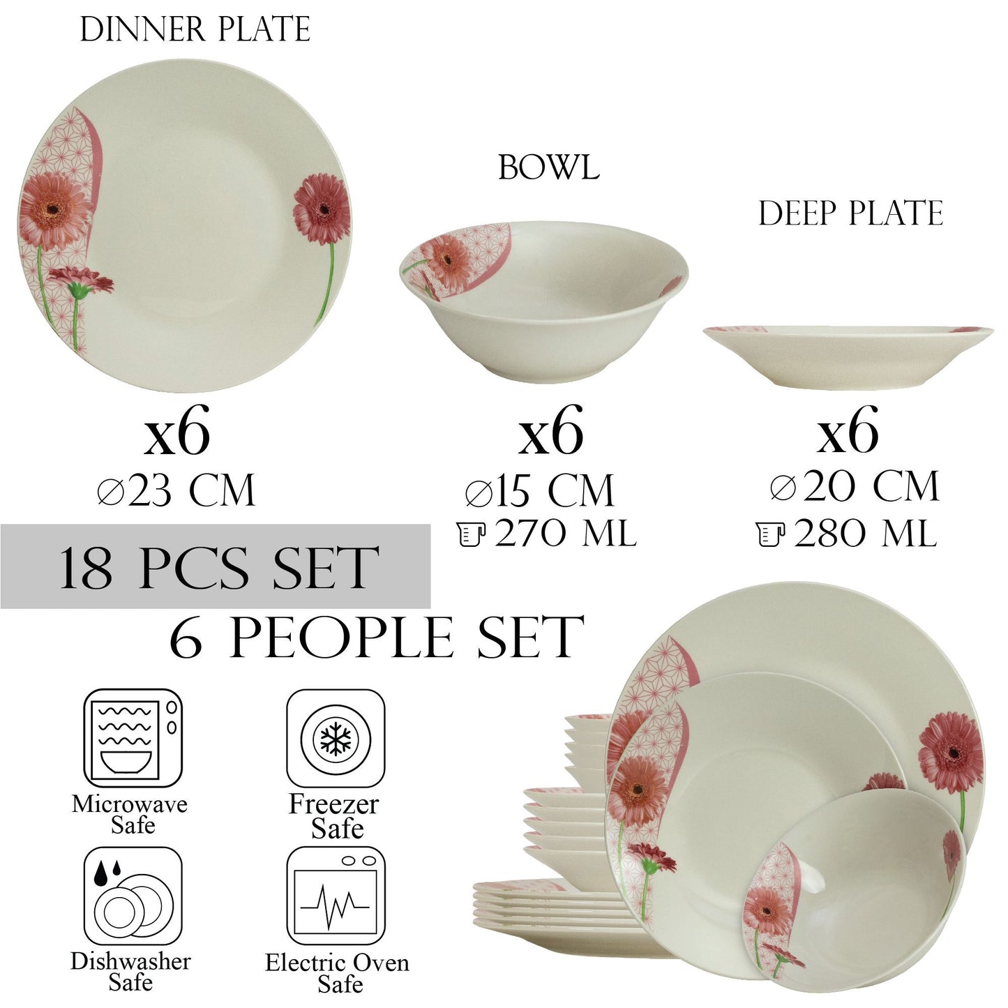 Plate set 18 pieces, for 6 people, Cesiro, Ivoire with daisy