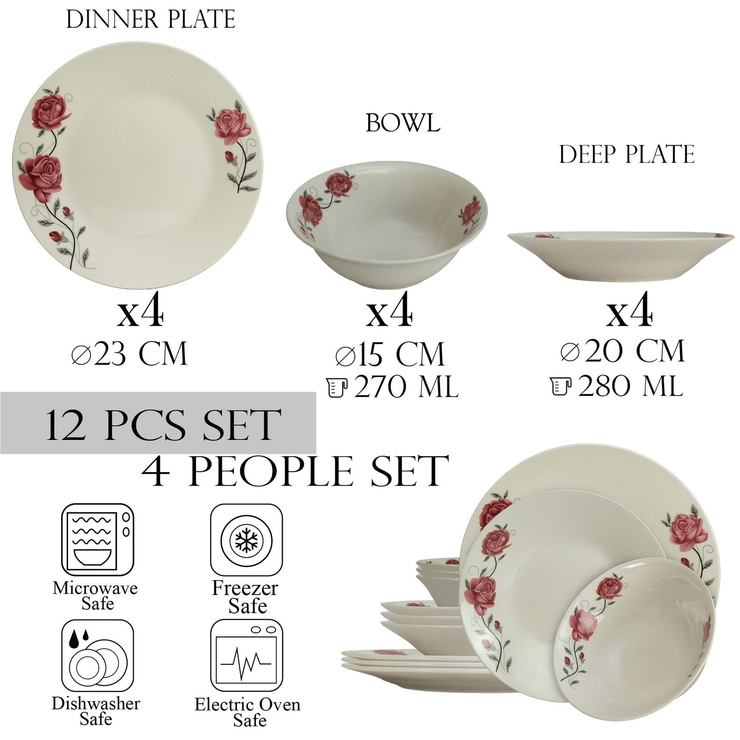 Plate set 12 pieces, for 4 people, Cesiro, Ivoire with pink rose