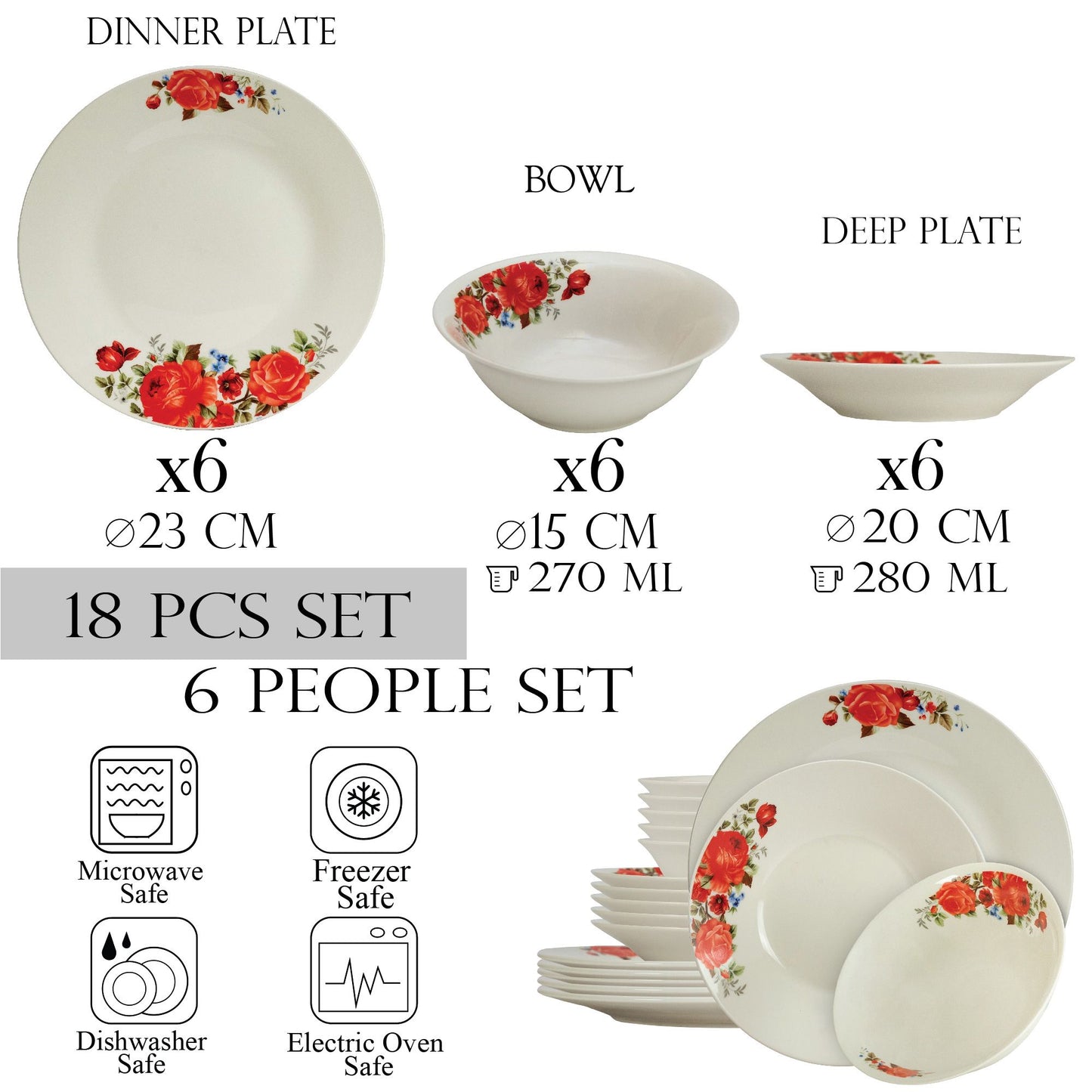 Plate set 18 pieces, for 6 people, Cesiro, Ivoire with red rose