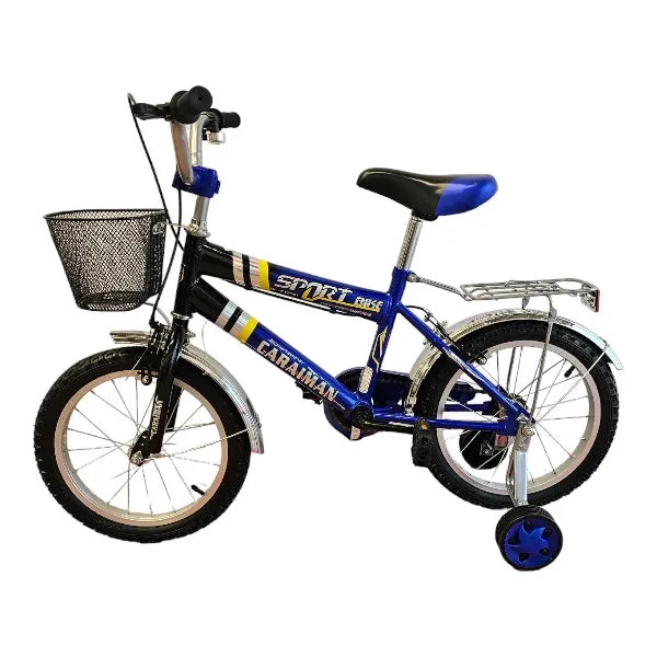 Bicicleta CARAIMAN 16B, Negro-Azul, 16 Pulgadas, Ruedas Auxiliares y Cesta, De 4 a 9 Años