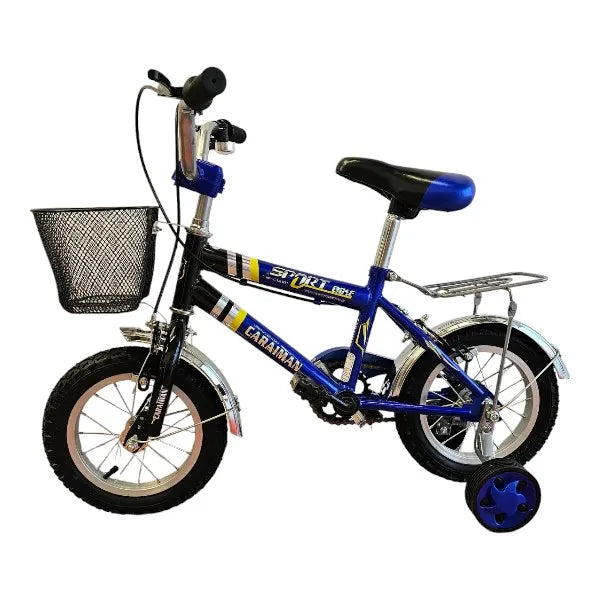 Bicicleta CARAIMAN 16B, Negro-Azul, 16 Pulgadas, Ruedas Auxiliares y Cesta, De 4 a 9 Años