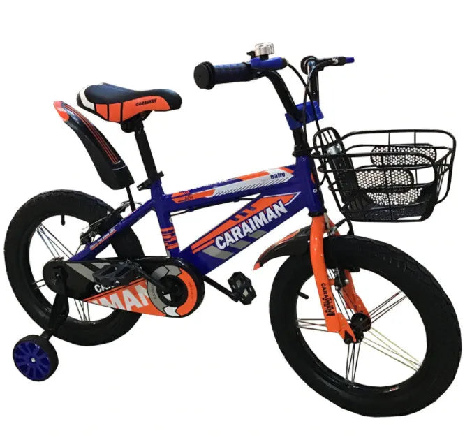 Bicicleta CARAIMAN 16BJV, Azul-Naranja, 16 Pulgada, Ruedas Auxiliares, Guardabarros y Cesta