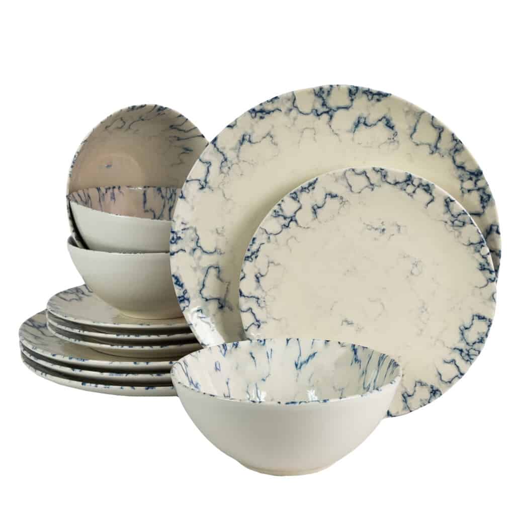 Plate set 12 pieces, for 4 people, Marble, Cesiro, White Ivoire glossy with blue