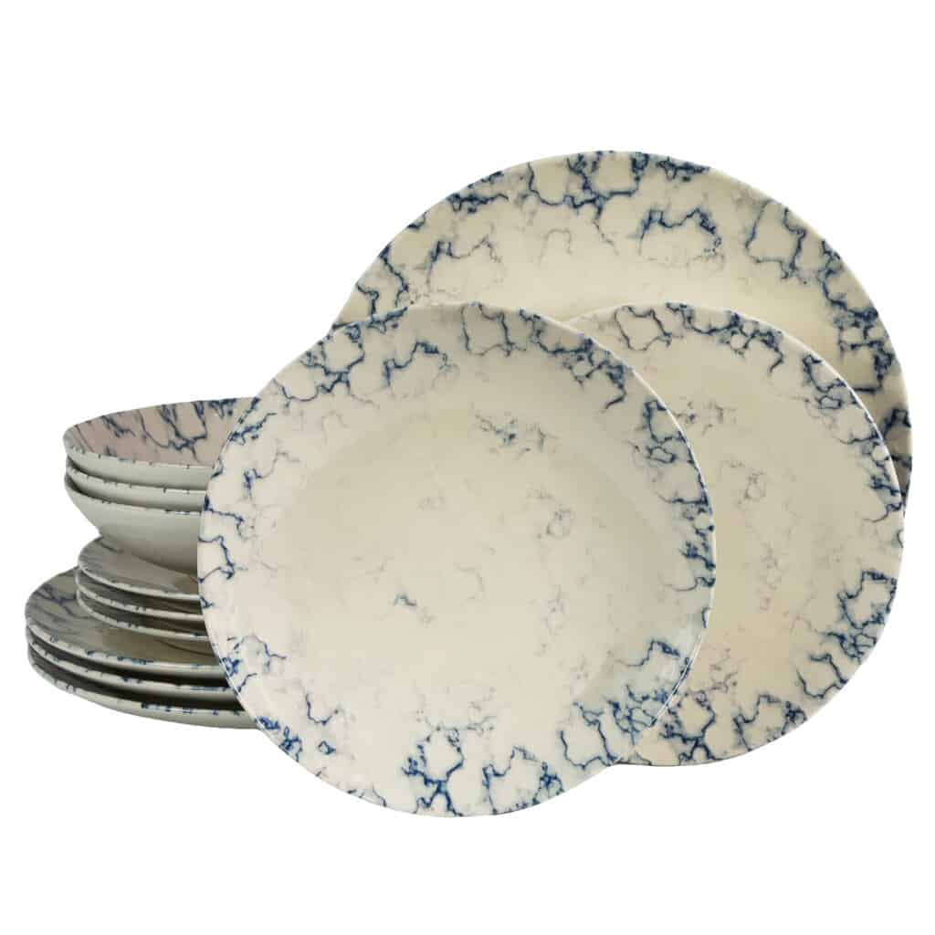 Plate set 12 pieces, for 4 people, Marble, Cesiro, Ivory white with blue