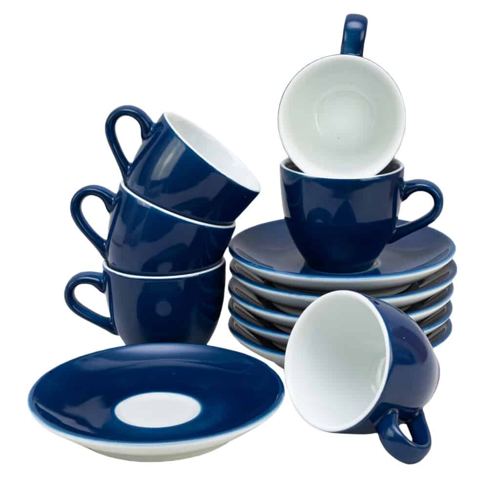 Juego de 6 tazas de espresso con platillo Diseño Italiano Blanco/Azul, 90 ml, Porcelana