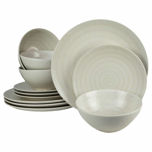 Plate set 12 pieces, for 4 people, Ivory, Cesiro, White Ivoire with lines