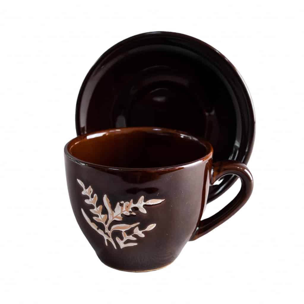 Juego de 6 tazas con platillo y soporte Marrón oscuro con hojas, 120 ml