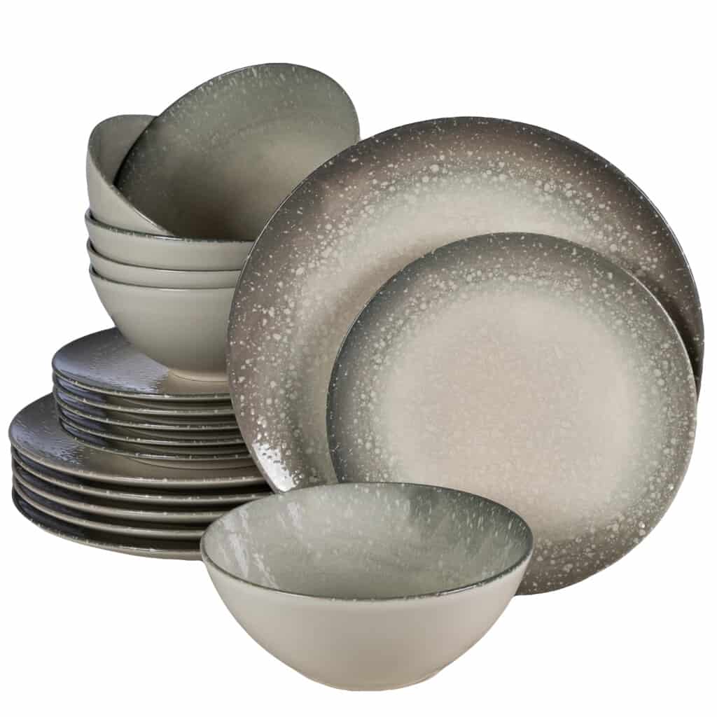 Juego de platos 18 piezas, para 6 personas, Stone, Cesiro, Blanco Marfil brillante con gris