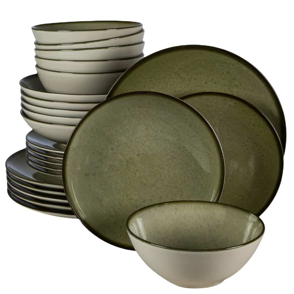 Set farfurii 24 piese, pentru 6 persoane, Earth Green, Cesiro, Alb Ivoire cu verde