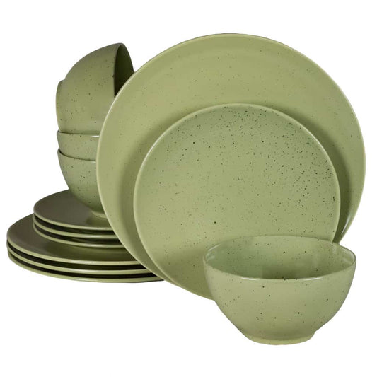 Plate set 12 pieces, for 4 people, Sage, Cesiro, Matte Green with black dots