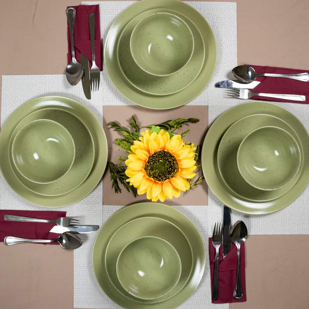 Plate set 12 pieces, for 4 people, Sage, Cesiro, Matte Green with black dots