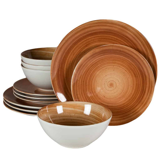 Plate set 12 pieces, for 4 people, Earth, Cesiro, Glossy Ivory White with brown