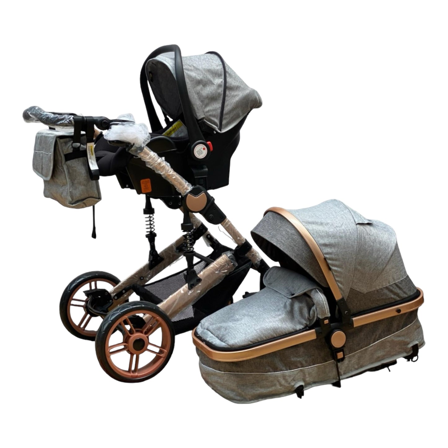 Cochecito para niños 3 en 1, función reversible, con carcasa, suspensiones premium, Gris, Estructura de Aluminio