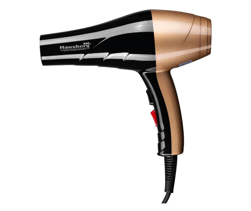 Secador de pelo Hausberg HB-26AU, Potencia 2000W, 2 niveles de velocidad, Negro-Oro