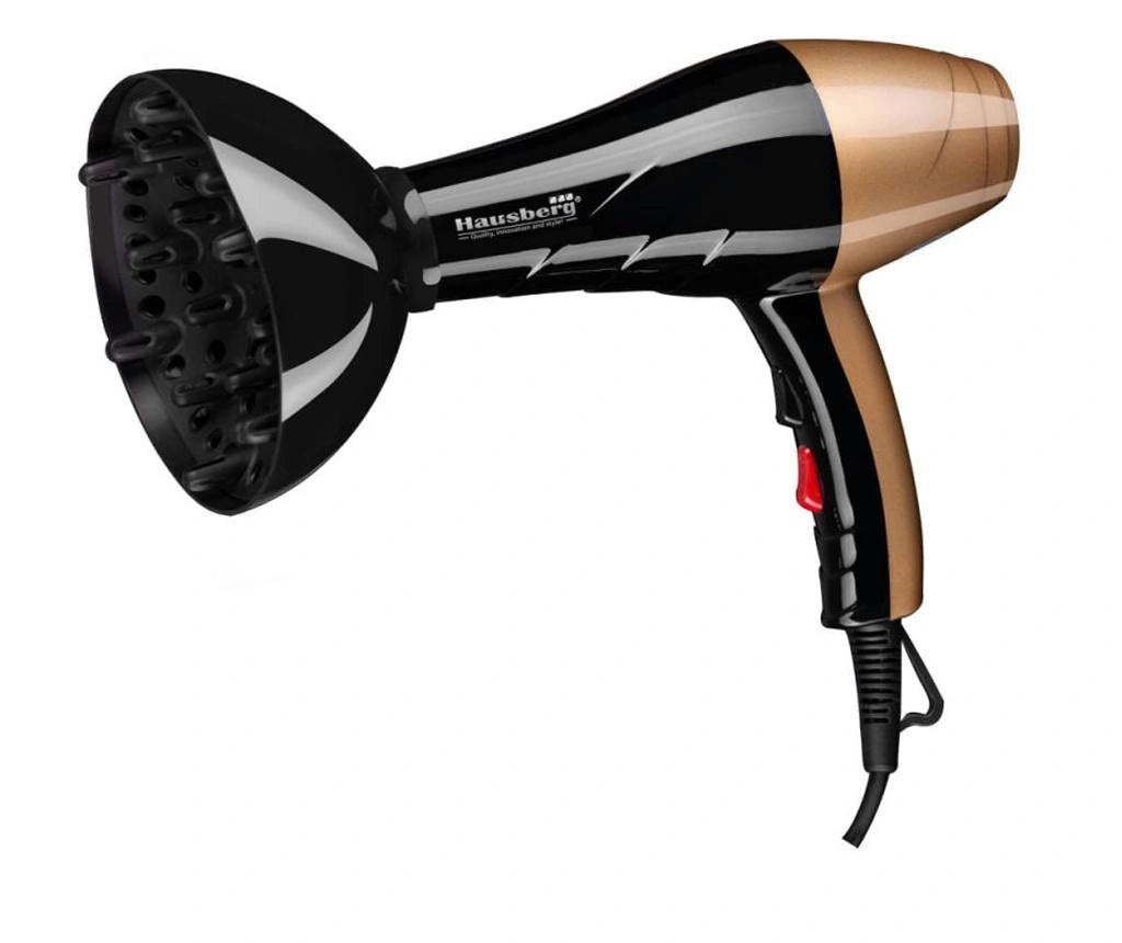 Secador de pelo Hausberg HB-26AU, Potencia 2000W, 2 niveles de velocidad, Negro-Oro