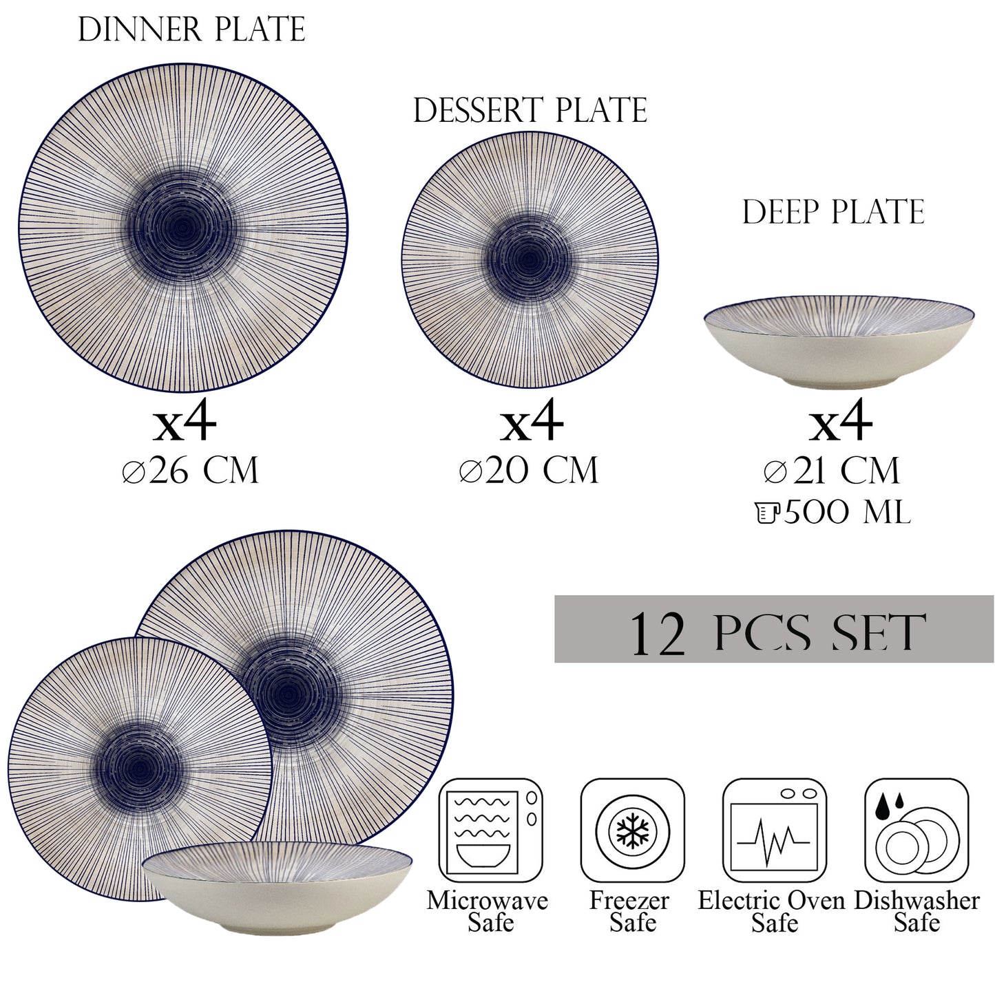 Plate set 12 pieces, 4 people, deep plate set-Ensemble Eleganza Blu - Italian Porcelain Tableware Set