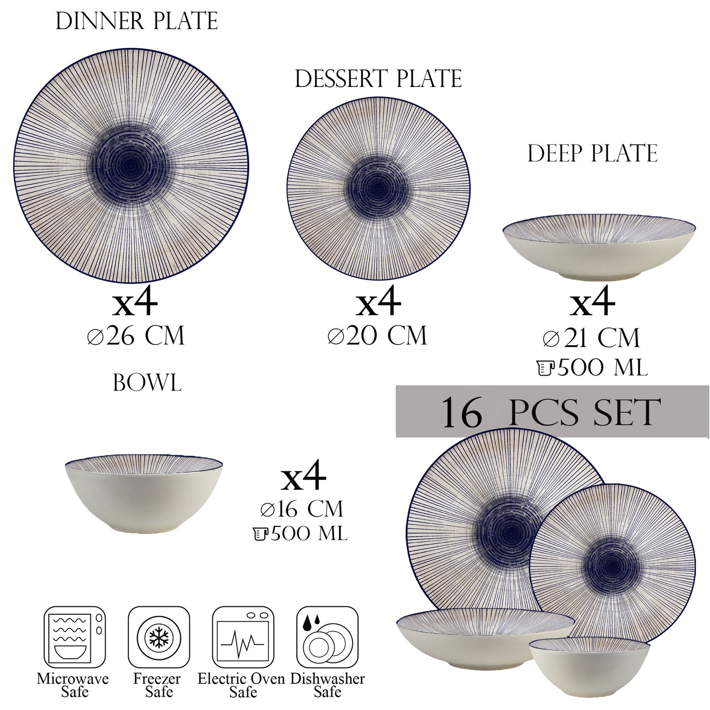 Tányérkészlet 16 részes, 4 személyes - Ensemble Eleganza Blu - Olasz porcelán étkészlet