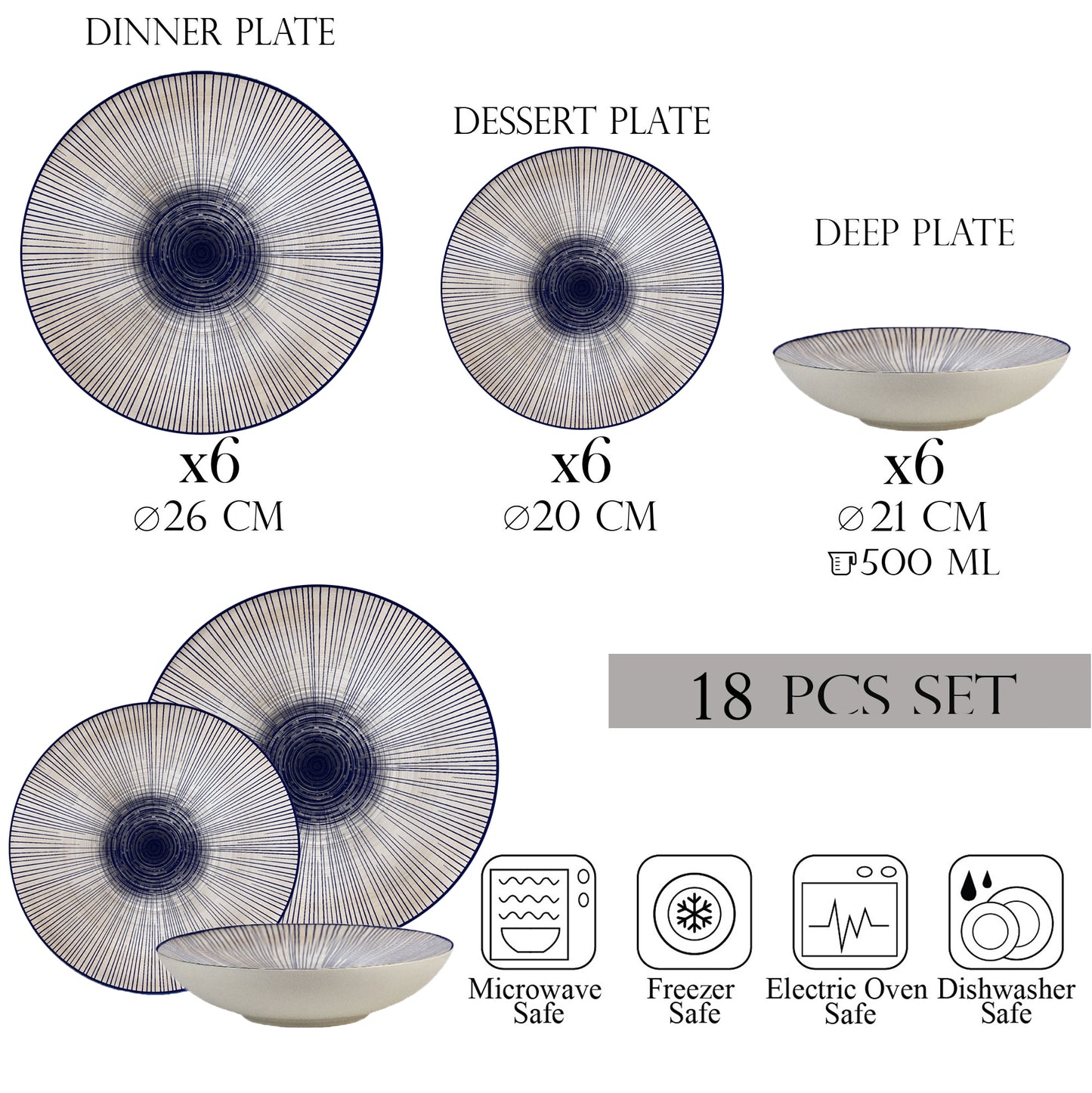 Plate set 18 pieces, 6 people, deep plate set-Ensemble Eleganza Blu - Italian Porcelain Tableware Set