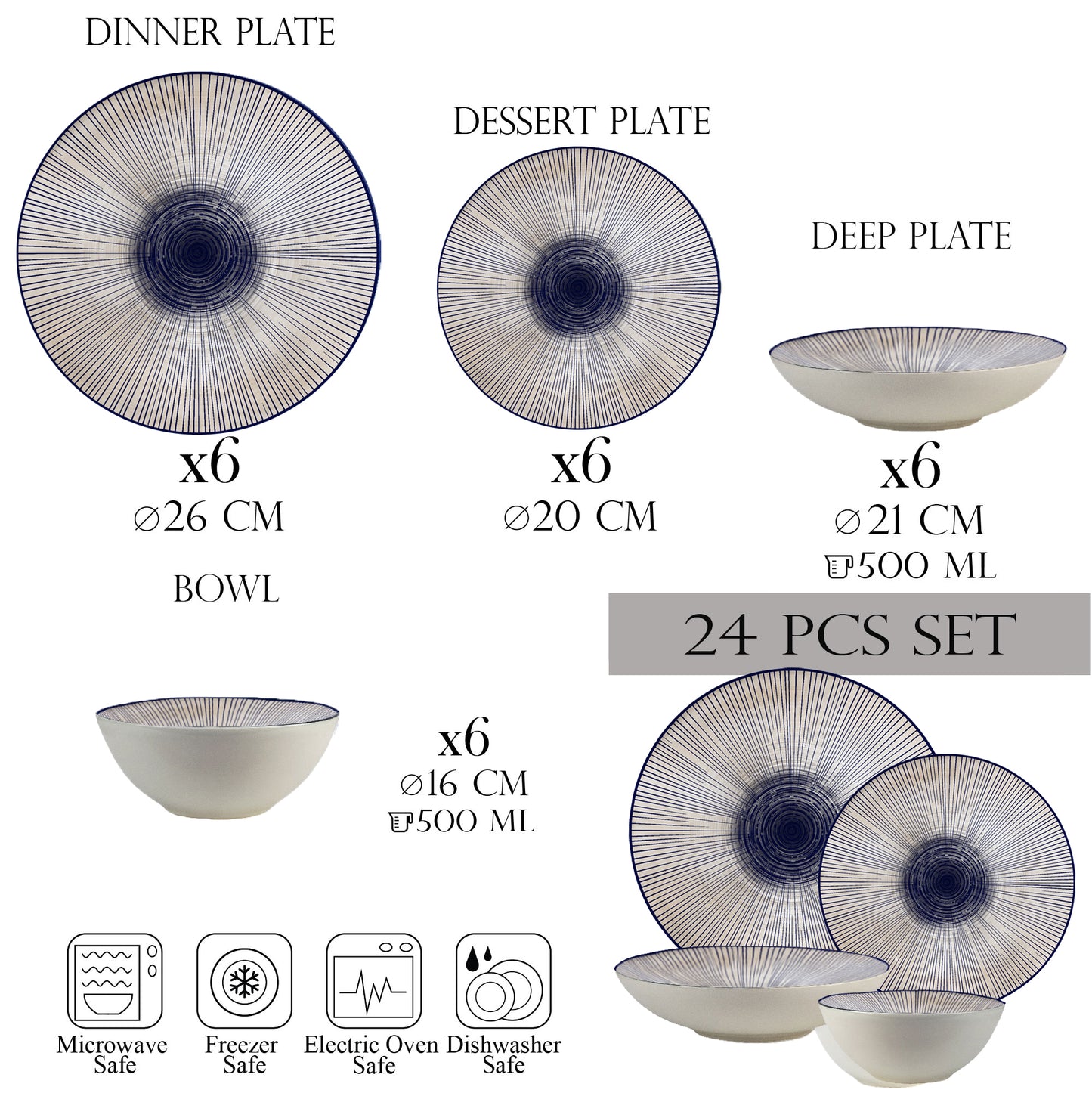 Tányérkészlet 16 részes, 4 személyes - Ensemble Eleganza Blu - Olasz porcelán étkészlet