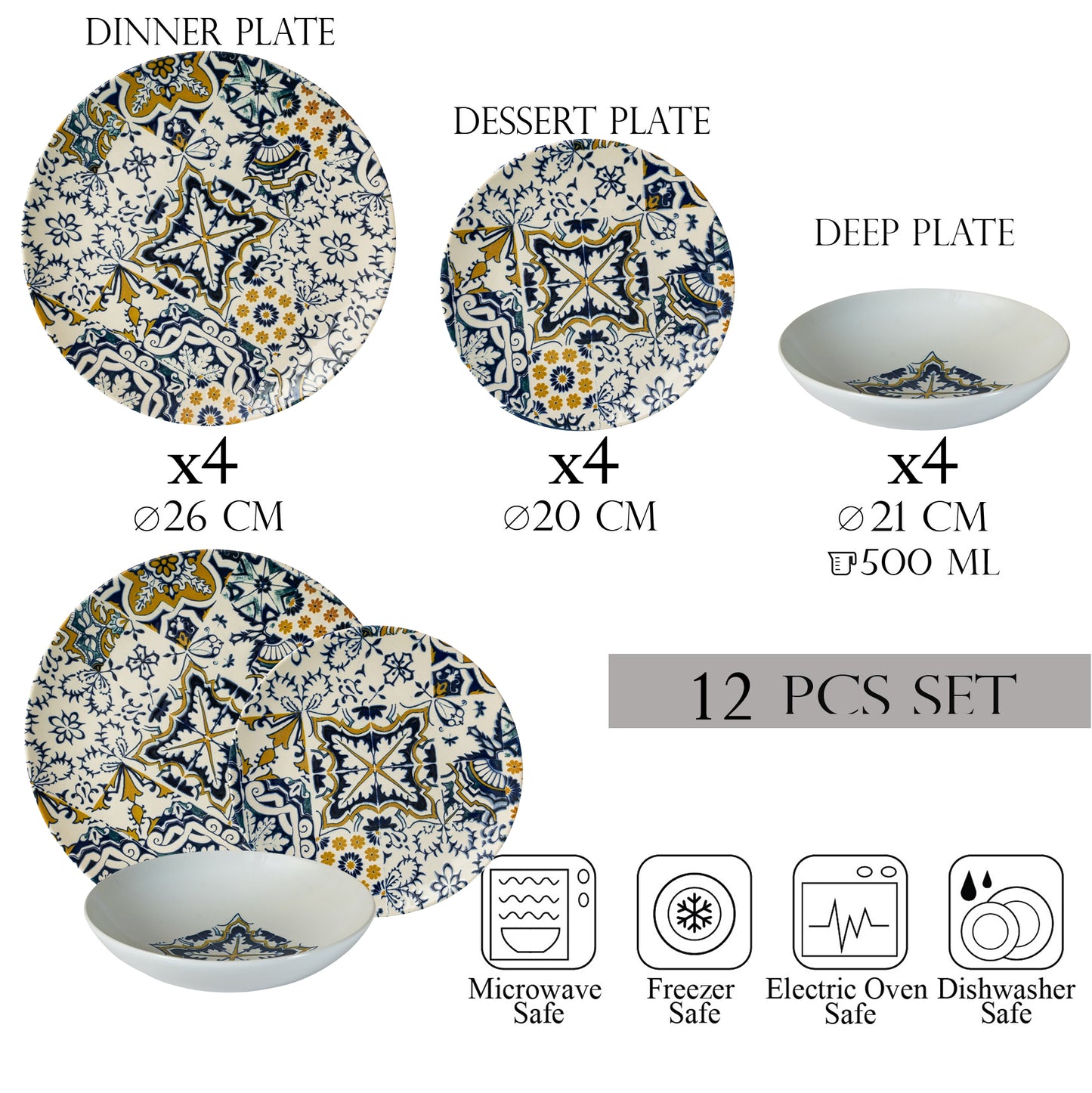 Plate set 12 pieces, 4 people, deep plate set-Ensemble Mosaico Lussuoso - Italian Porcelain Tableware Set