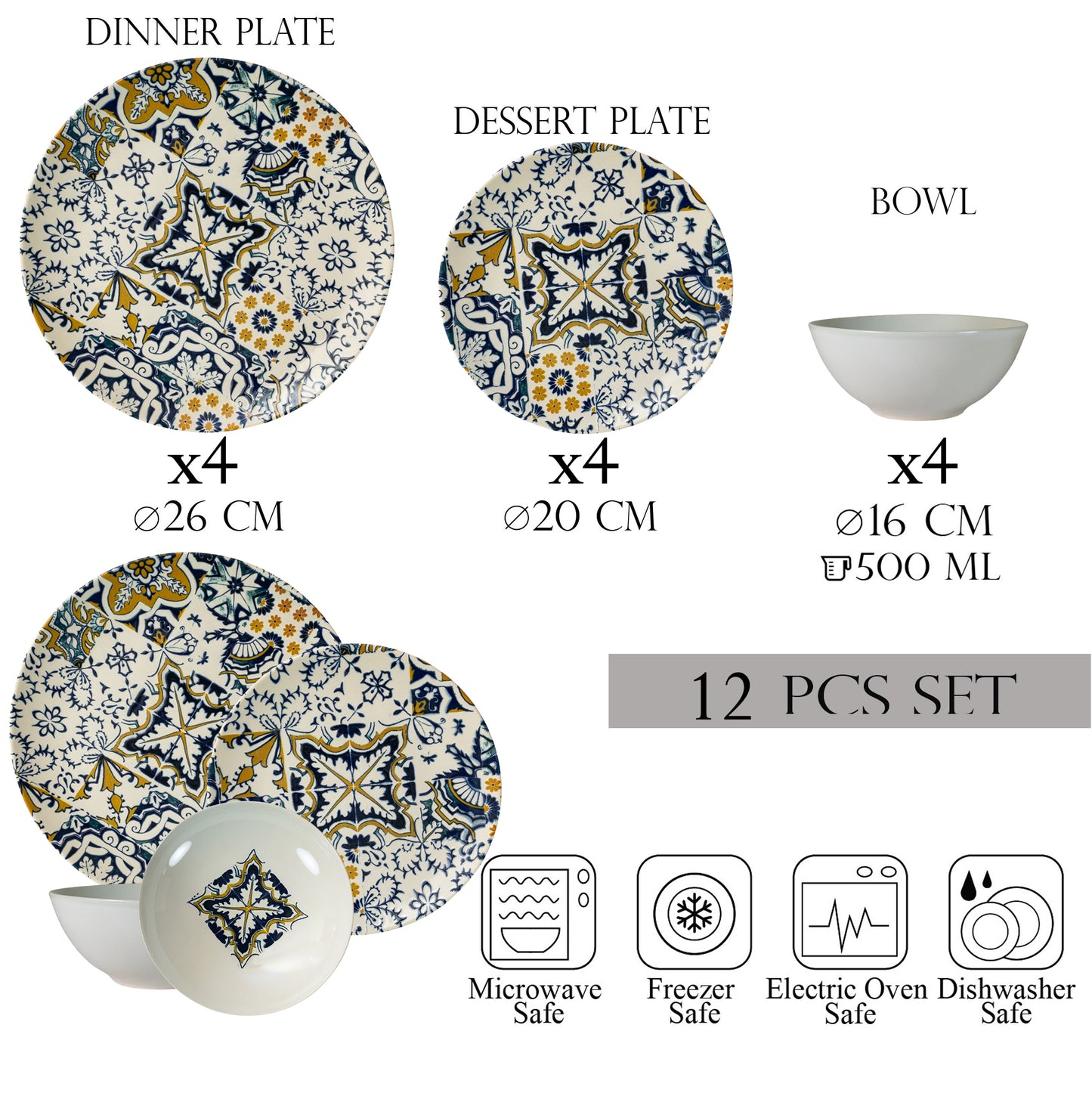 Plate set 12 pieces, 4 people, bowl set-Ensemble Mosaico Lussuoso - Italian Porcelain Tableware Set