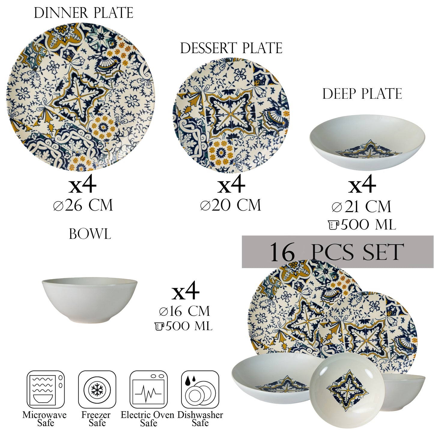 Plate set 16 pieces, 4 people-Ensemble Mosaico Lussuoso - Italian Porcelain Tableware Set