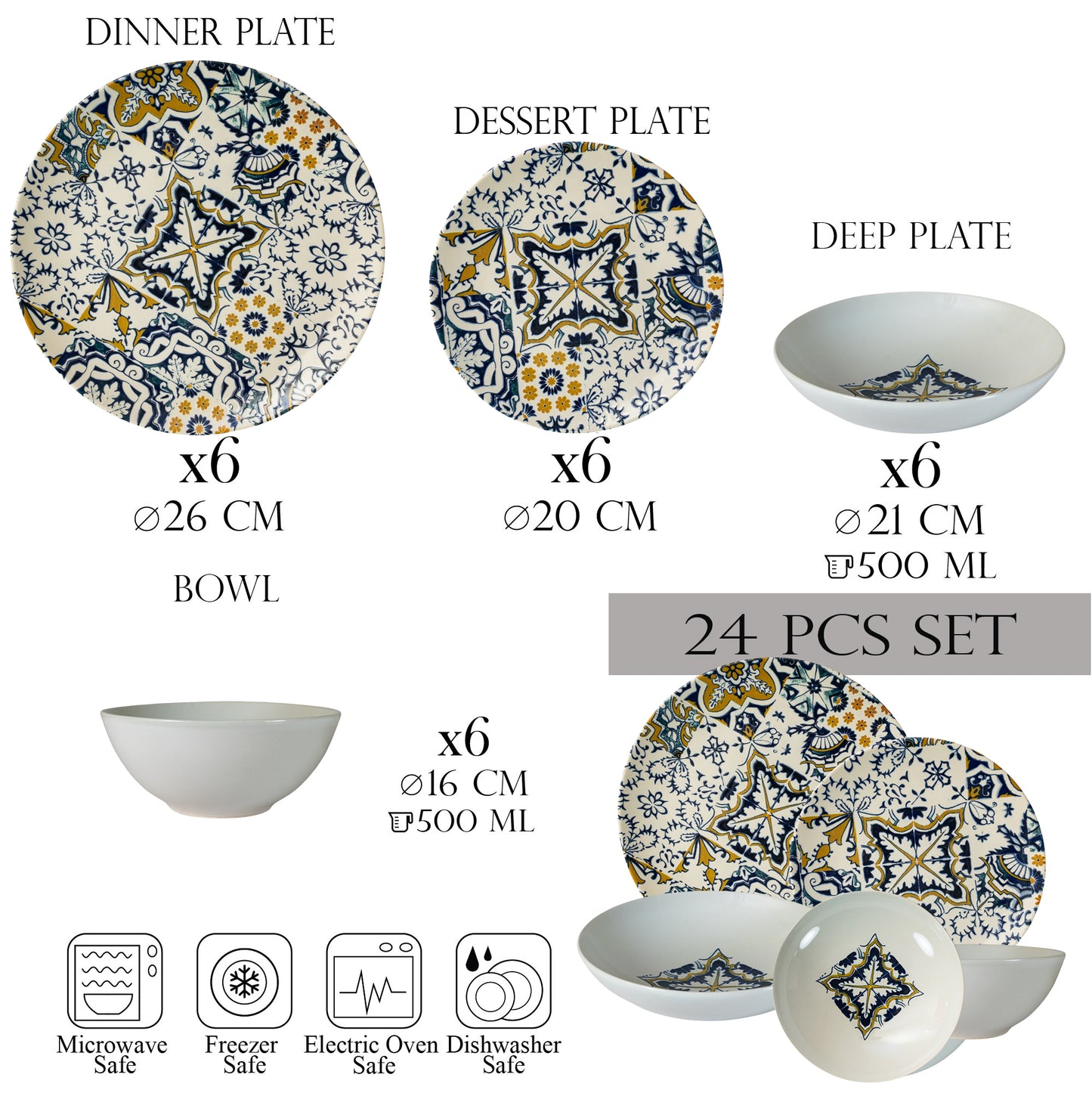 Plate set 24 pieces, 6 people - Ensemble Mosaico Lussuoso - Italian Porcelain Tableware Set