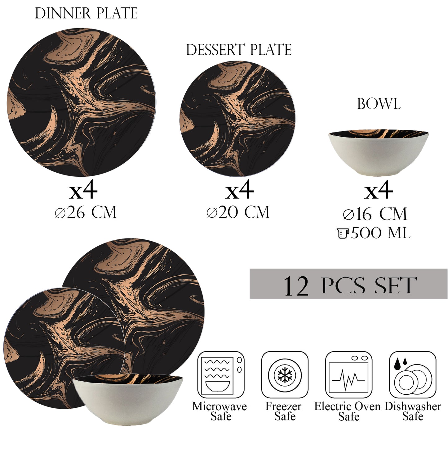 Plate set 12 pieces, 4 people, set with bowl - Bronzed Marble Ensemble - Italian Porcelain Tableware Set