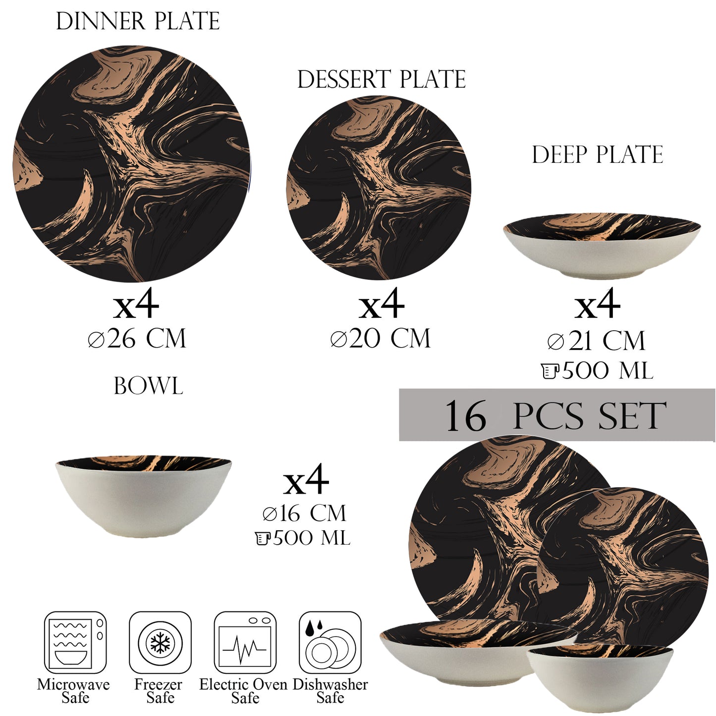 Plate set 16 pieces, 4 people - Bronzed Marble Ensemble - Italian Porcelain Tableware Set