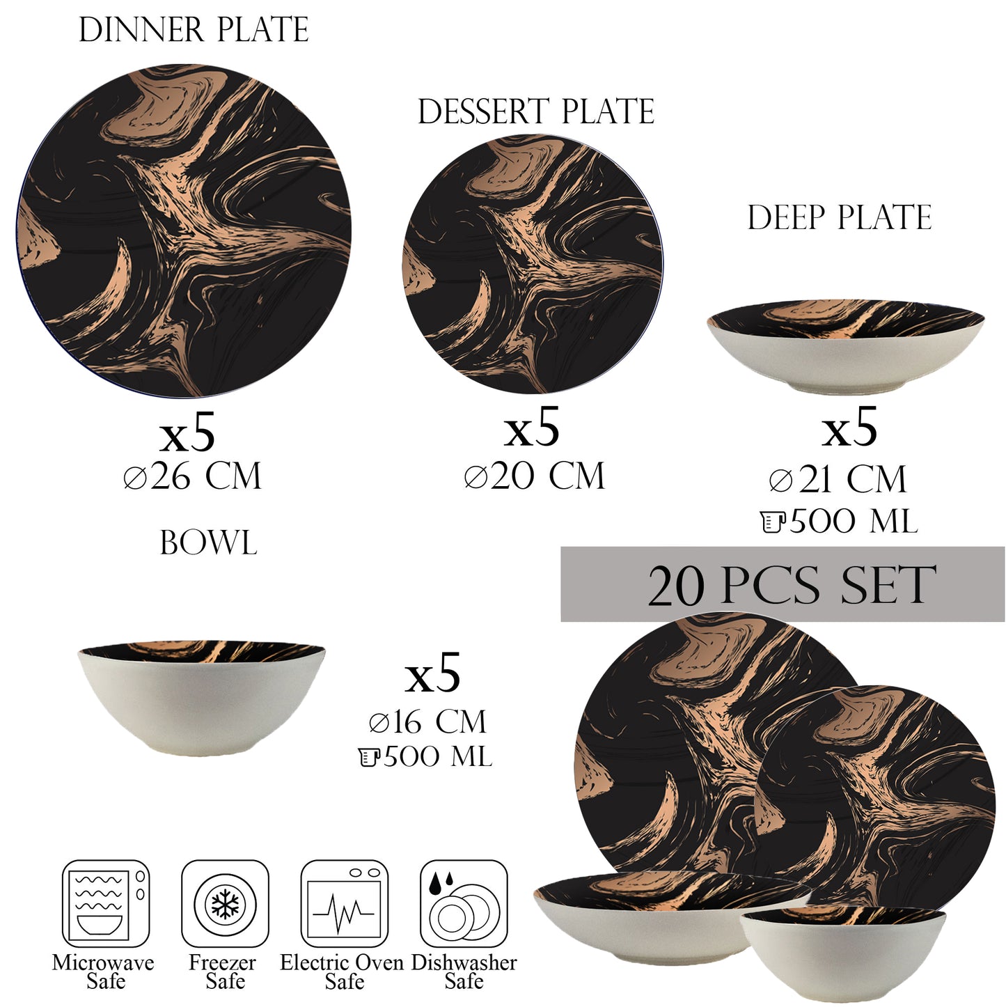 Plate set 20 pieces, 5 people - Bronzed Marble Ensemble - Italian Porcelain Tableware Set