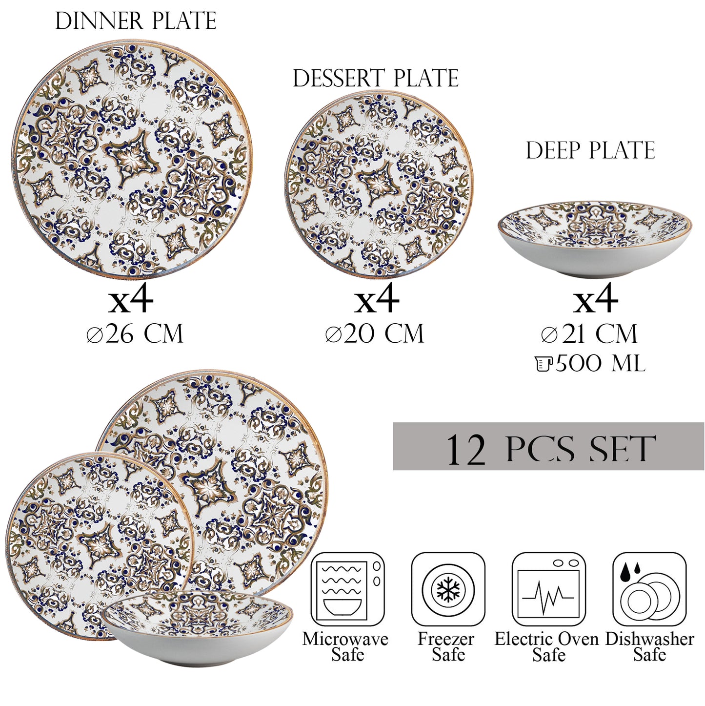 Plate set 12 pieces, 4 people, deep plate set - Eleganza Bronzo - Italian Porcelain Tableware Set