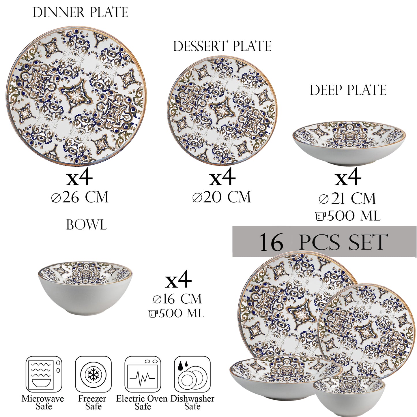 Plate set 16 pieces, 4 people - Eleganza Bronzo - Italian Porcelain Tableware Set