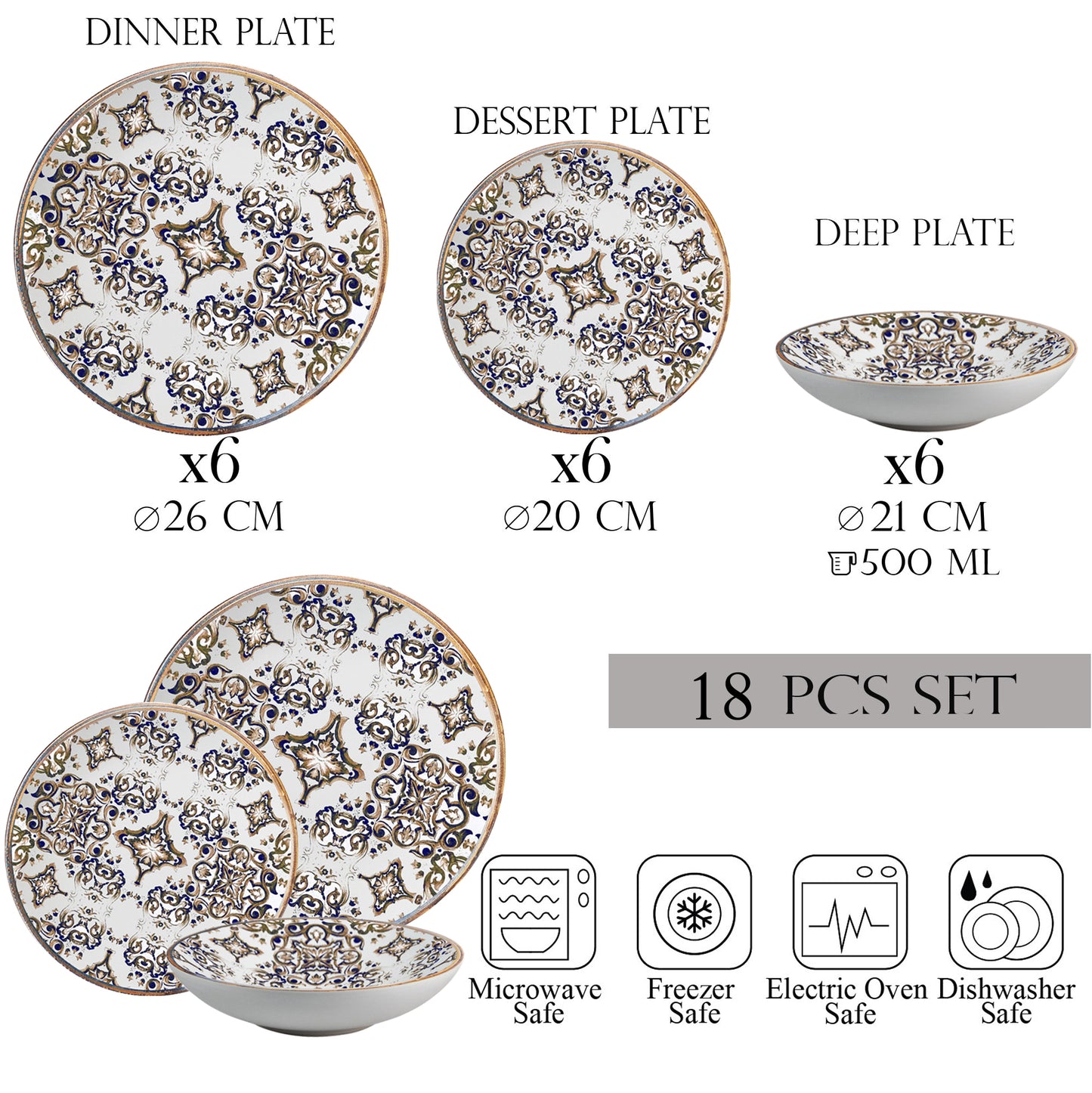 Plate set 18 pieces, 6 people, deep plate set - Eleganza Bronzo - Italian Porcelain Tableware Set