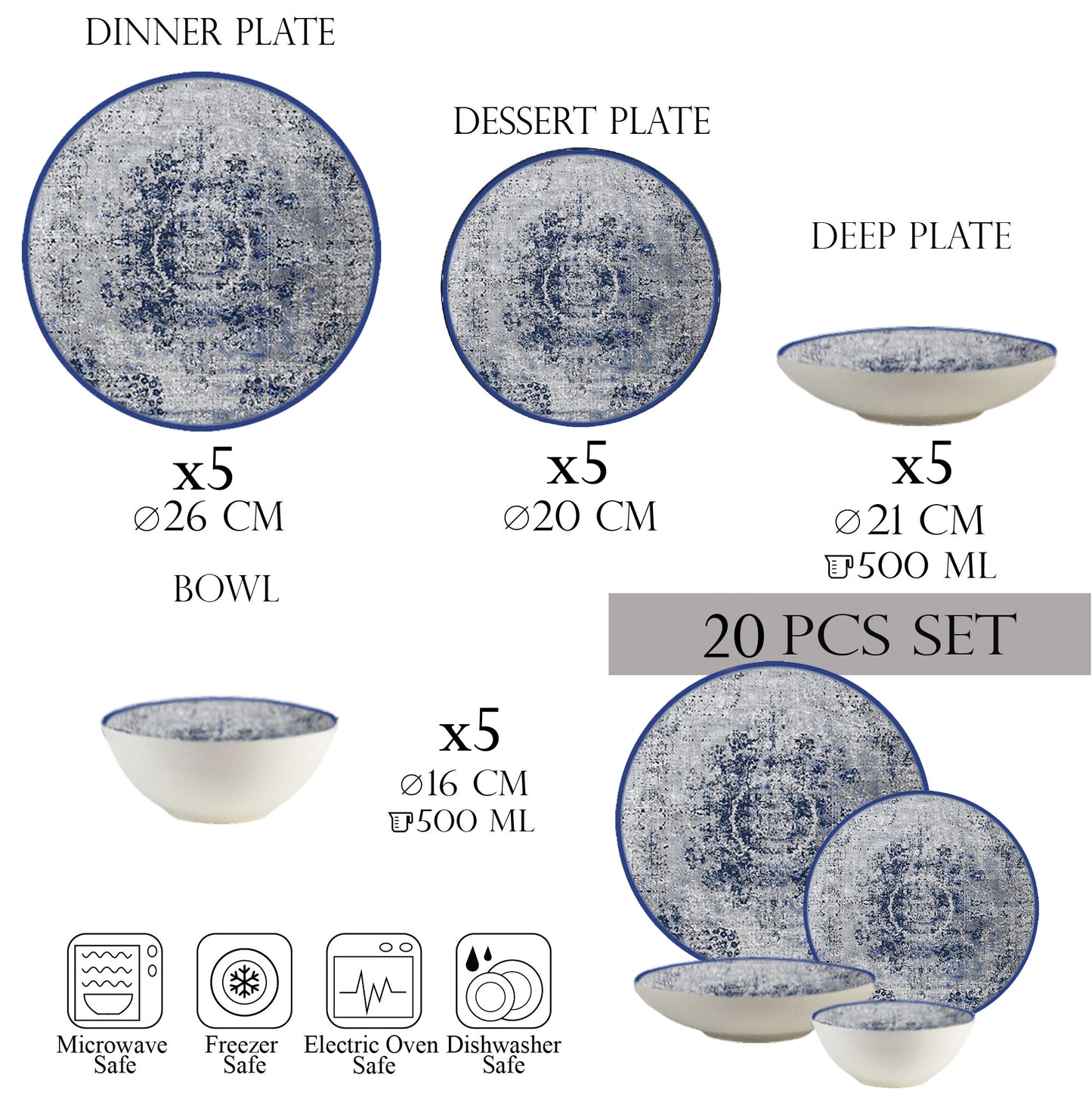 Tányérkészlet 20 részes, 5 személyes - Ensemble Elegante Azzurro - Olasz porcelán étkészlet